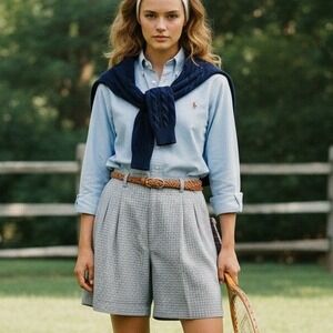 NEW Vintage Blassport Size 18 $95 Yellow Gray Plaid Pleated Linen Cotton Shorts‎